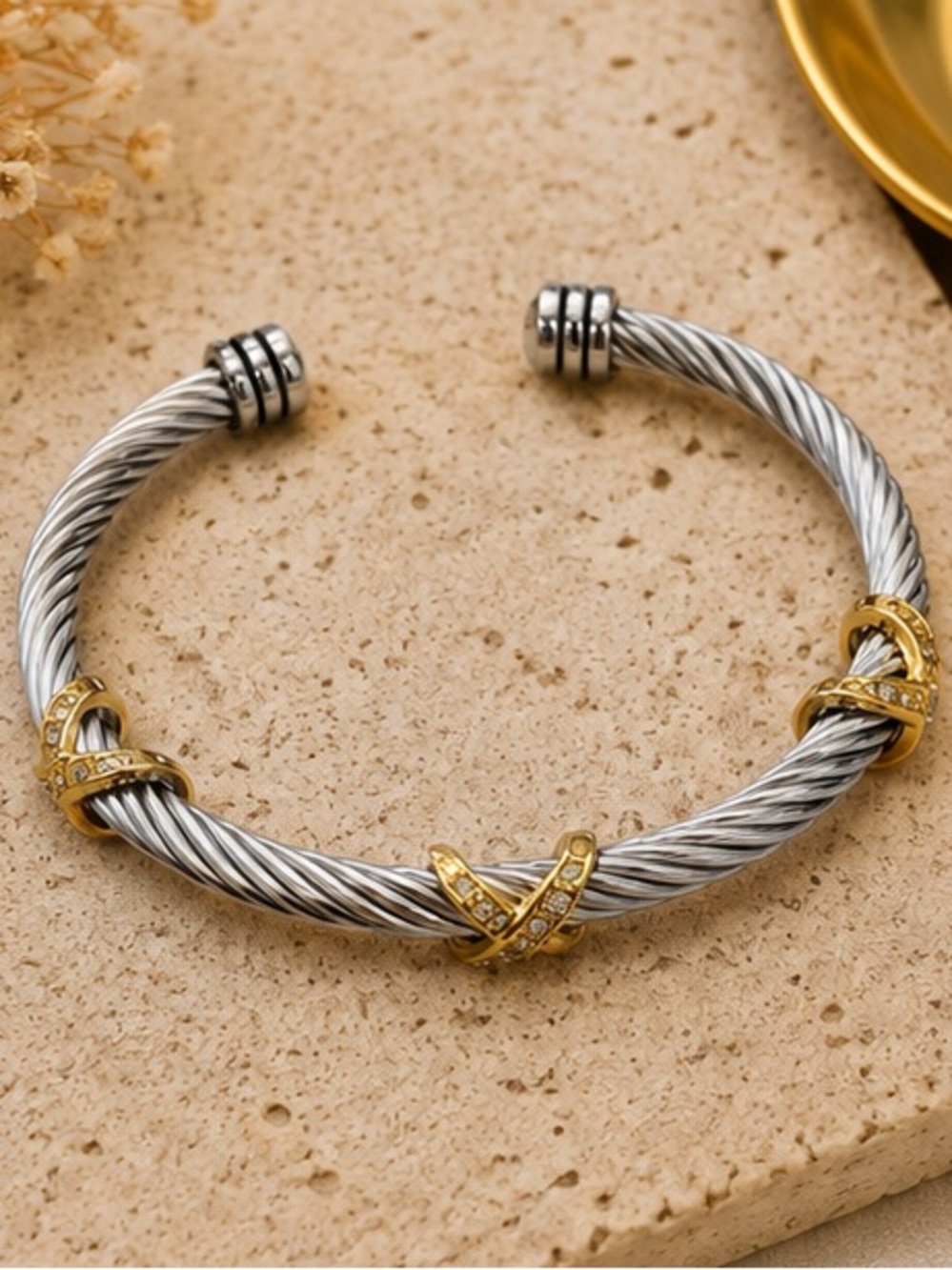 Designer Inspired Two-Tone Cable Cuff Bracelet with Gold Accents